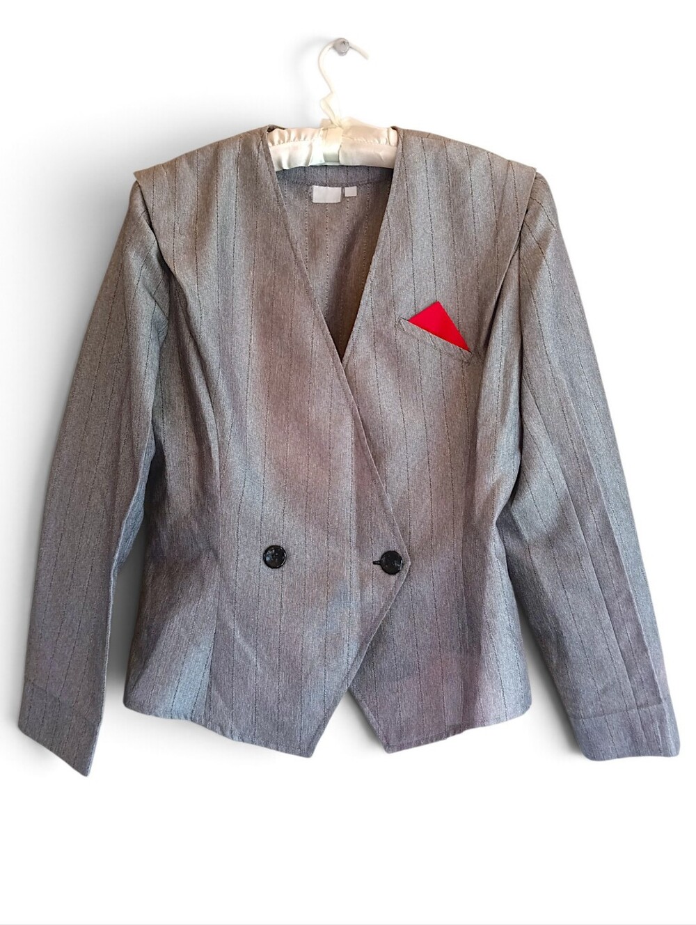 vintage Audrey Celine gray peplum blazer 80s Girl Boss Red Pocket Square Mobwife